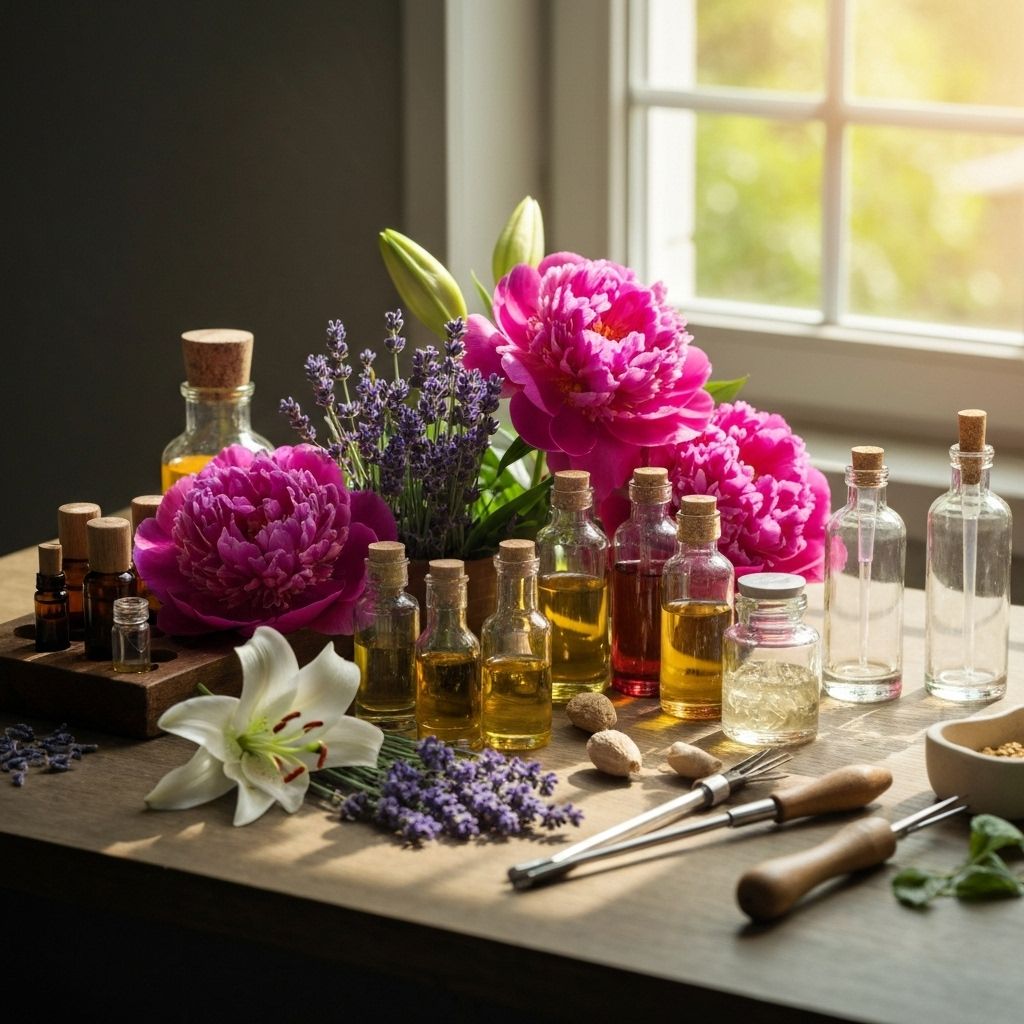 Fragrance atelier with flowers and essential oils